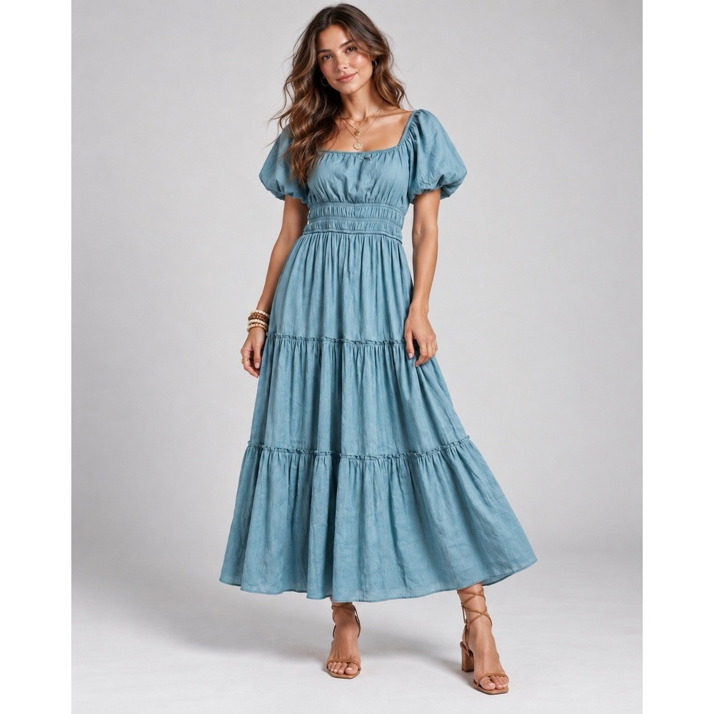 Trixxi Maxi Dress S Teal Smocked Puff Sleeve Tiered Boho Cottagecore Fairycore